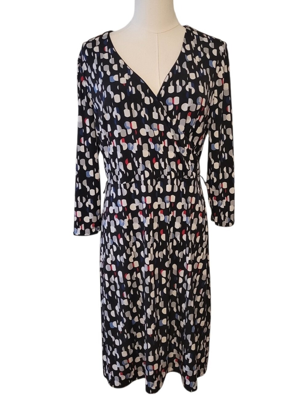 WHBM‎ Black Polka Dot Jersey Knit Faux Wrap Dress Size Medium